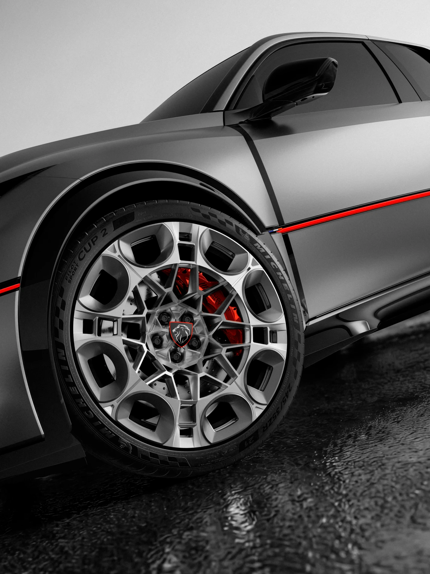Peugeot E-T16 Concept, exterior with Matt Winchester Grey paint and red accent lines