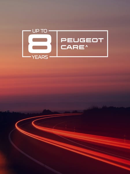 New PEUGEOT E‑208 GTi, road setting with PEUGEOT CARE logo